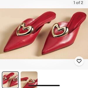 NEW ❤️ ANTHROPOLOGIE Maeve Red Gold Heart Mule Kitten Heels Genuine Leather 36